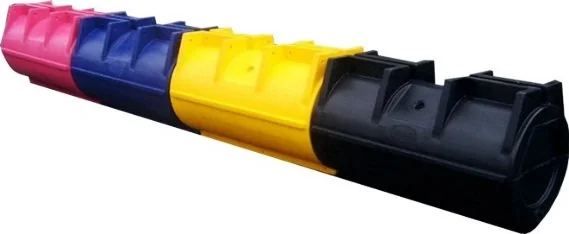 Row of Pontoonz Main Boat Pods in magenta, blue, yellow and black, bolted end to end